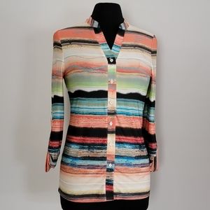 NWOT Peck & Peck Small Stripe Vibrant Button Down Rolled 3/4 Sleeve Blouse